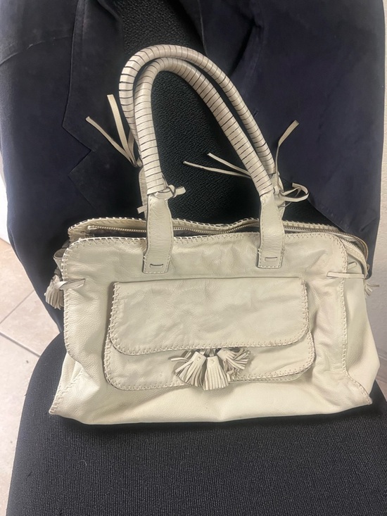 ANTONIO MELANI Handbags - ANTONIO MELANI Cream Leather Shoulder Tote with Front Tassel Pocket
